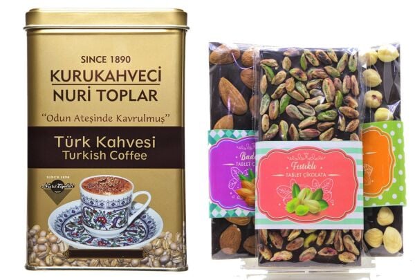 Dark Brown Bitter Tablet Çikolata ve Nuri Toplar Türk Kahvesi 300 Gram