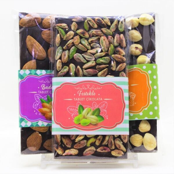 Dark Brown Bitter Tablet Çikolata 3x100 Gr - %54 Bitter Fındık, Badem ve Antep Fıstığı