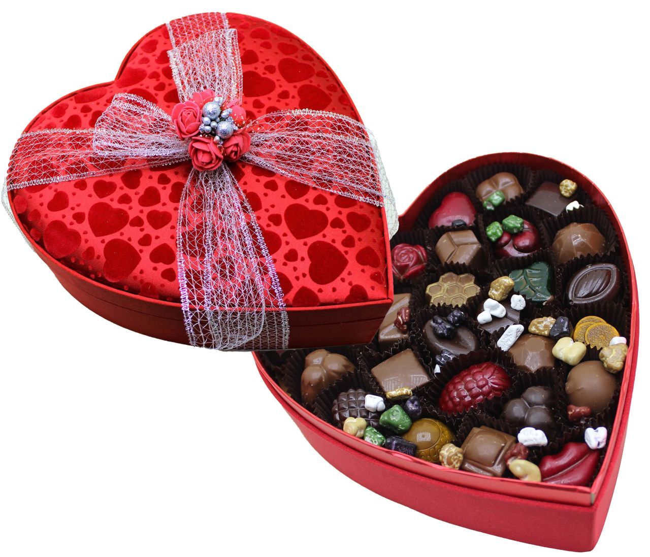 El Yapımı Dark Brown Büyük Boy Kırmızı Kalpli Karışık Çikolata Kutusu - KN1
