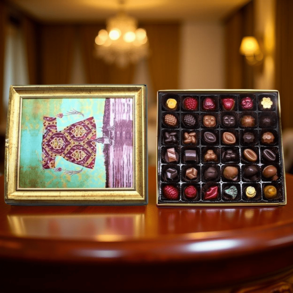 Dark Brown El Yapımı Osmanlı Motifli 36'lı Çerçeveli Çikolata Kutusu Spesiyal Çikolatalı