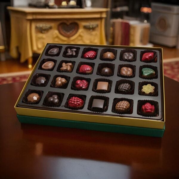 El Yapımı Dark Brown Osmanlı Motifli 24'lü Çerçeve Çikolata Kutusu Spesiyal Çikolatalı