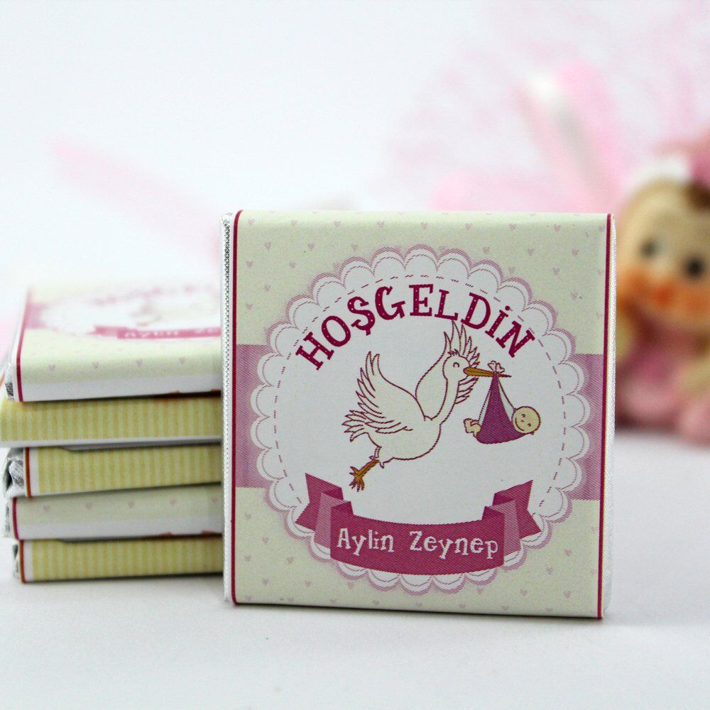 Dark Brown İsim Yazılabilen Hoşgeldin Kız Bebek Hediye Çikolatası
