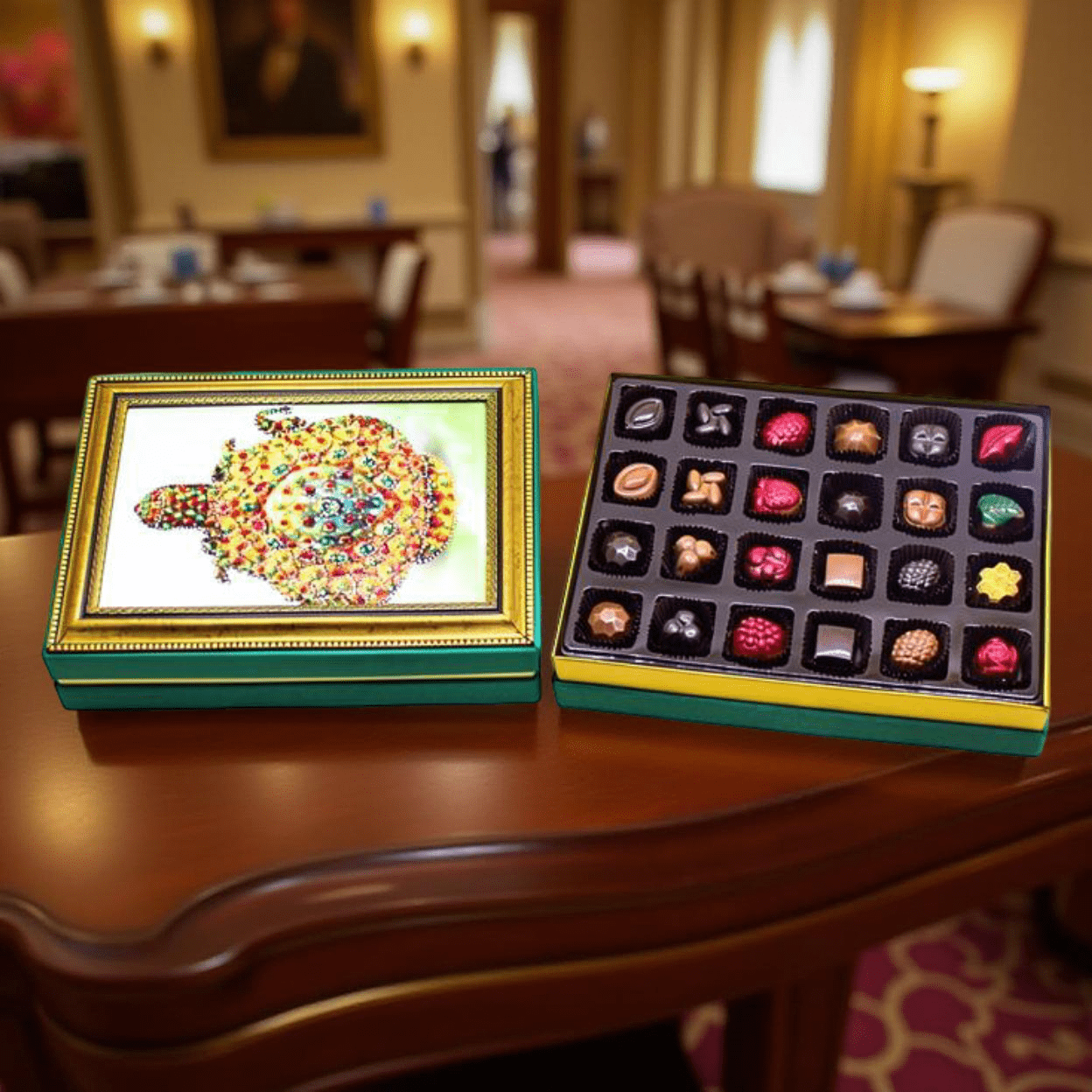 Dark Brown Osmanlı Karaf Çerçeveli El Yapımı 24'lü Spesiyel Çikolata Kutusu Spesiyal Çikolatalı