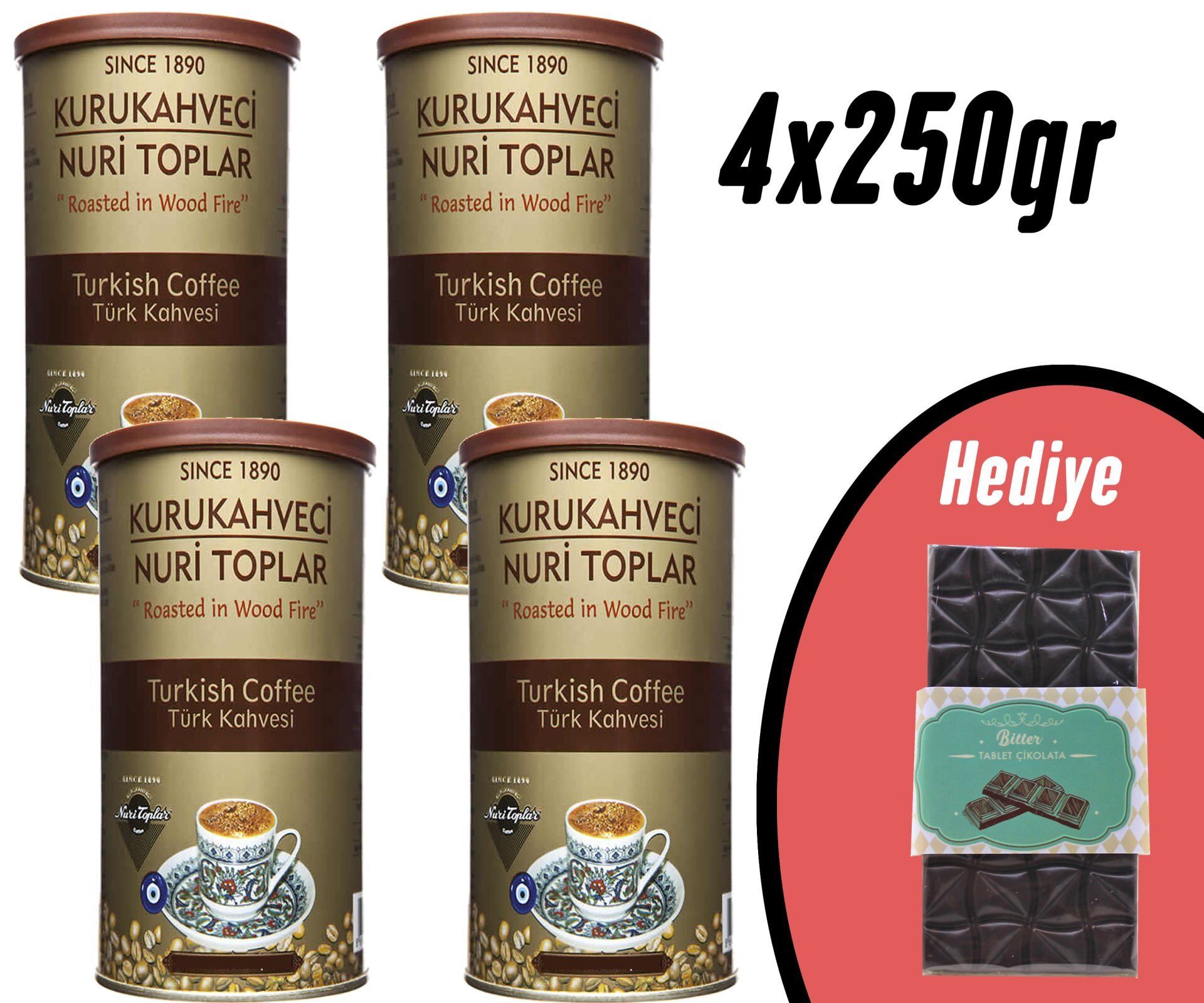 Nuri Toplar Türk Kahvesi 4x250 Gr Metal Kutu ve Hediye Çikolata