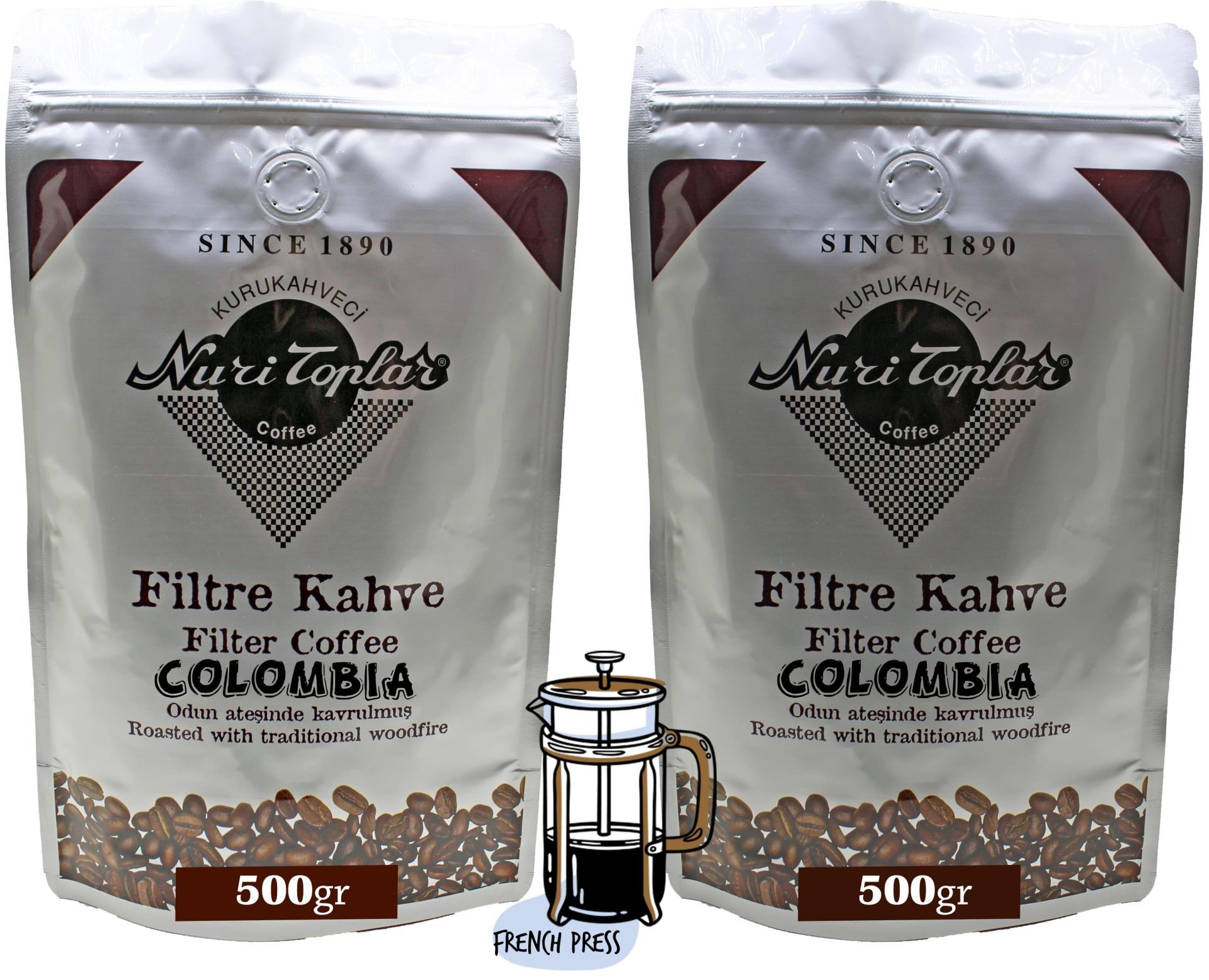 Nuri Toplar - Odun Ateşinde Colombia Supremo Filtre Kahve Çekirdeği 1 KG - French Press