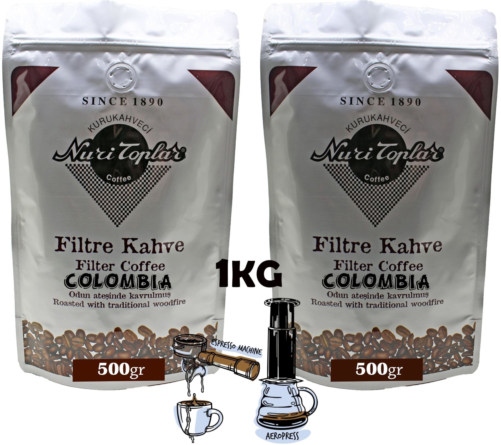 Nuri Toplar - Odun Ateşinde Colombia Supremo Filtre Kahve Çekirdeği 1 KG - Aeropress