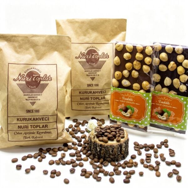 Nuri Toplar Taze Çekim Türk Kahvesi 500g ve Fındıklı Tablet Çikolata Seti