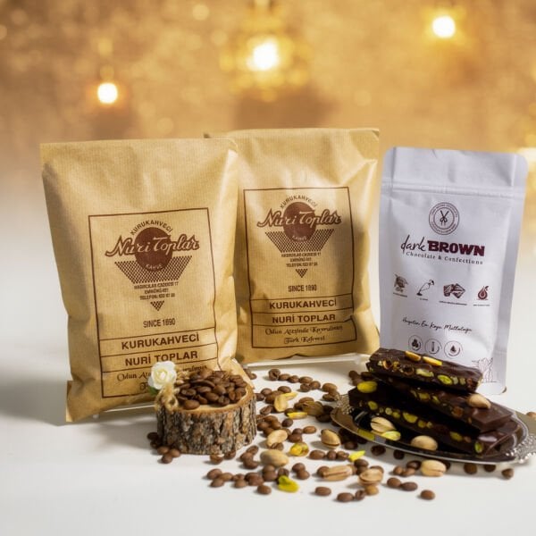Nuri Toplar Taze Çekim Türk Kahvesi 500g & Dark Brown Antep Fıstıklı Bitter Beyoğlu Çikolatası 250g