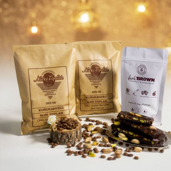 Nuri Toplar Taze Çekim Türk Kahvesi 500g & Dark Brown Antep Fıstıklı Bitter Beyoğlu Çikolatası 250g
