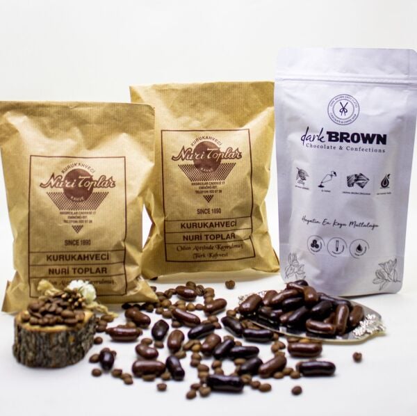 Nuri Toplar Taze Çekim Türk Kahvesi 500g & Dark Brown Portakallı Draje Çikolata 250g