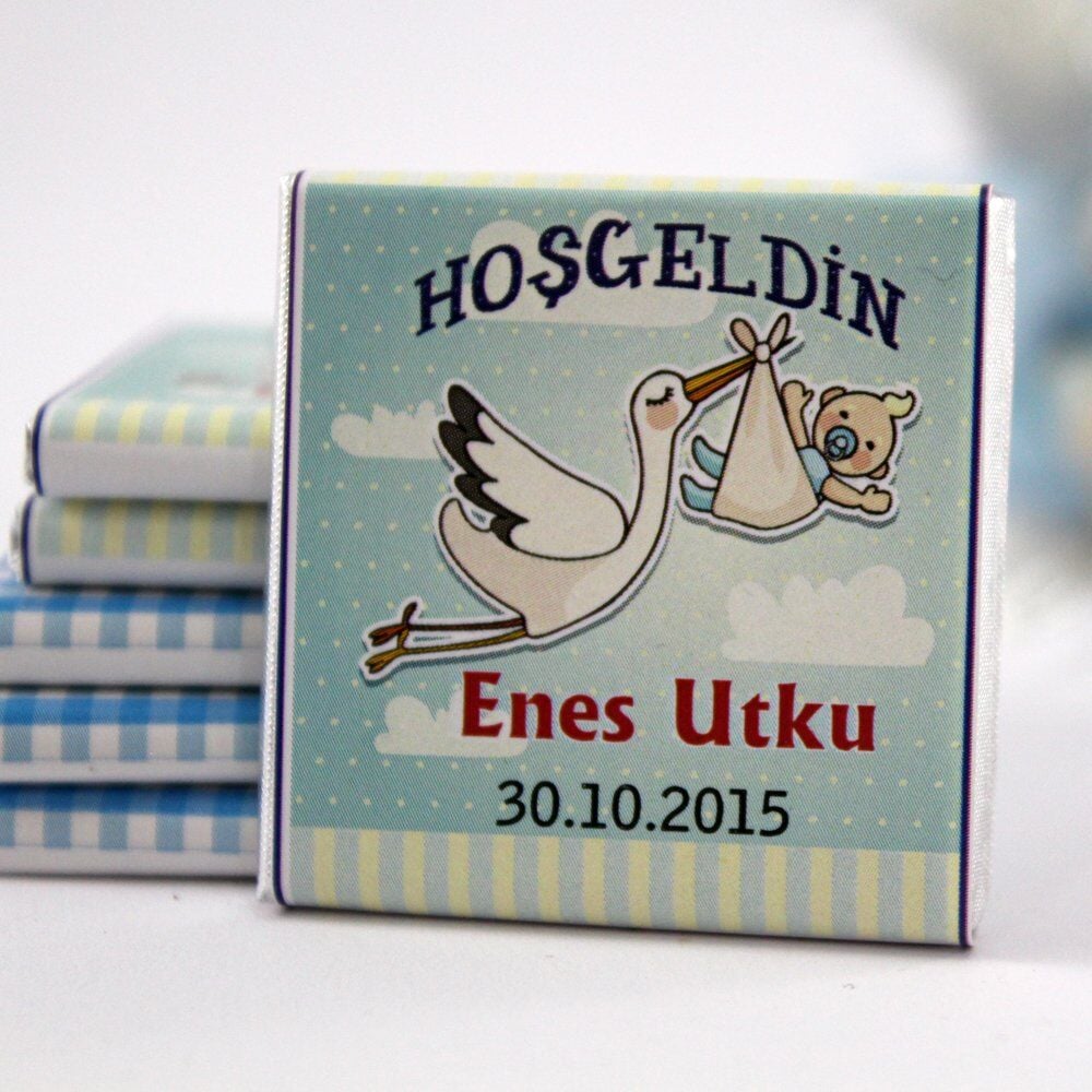 Dark Brown Özel İsimli ve Tarihli Hoşgeldin Bebek Çikolatası 48'li (Hediye Kutu)