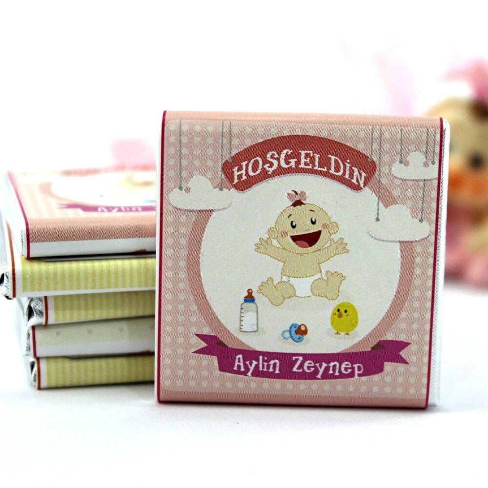 Dark Brown Özel Kız Bebek Hoşgeldin Çikolatası - İsim Yazdırılabilir 72'li (Hediye Kutu)